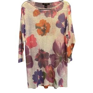 Ava Paige Light Weight Sweater Size L Cream Orange & Purple Floral Open Weave